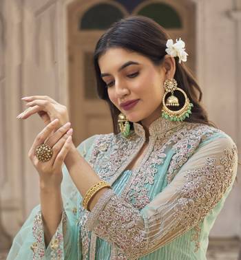Sky Blue Heavy Designer Embroidery Work Butterfly Net unstitched Long Length Kameez Pant party wear salwarsuit 2