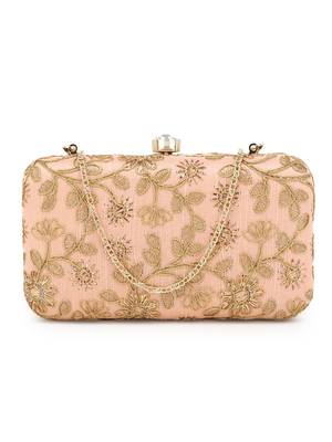 Hue Peach & Gold Faux Silk Floral Embroidered Box Clutch 1