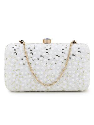 Anekaant Hue White & Gold Faux Silk Sequin Embroidered Box Clutch 1