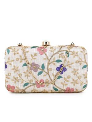 Anekaant Hue Natural & Multi Faux Silk Floral Embroidered Box Clutch 1