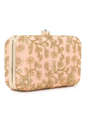 Hue Peach & Gold Faux Silk Floral Embroidered Box Clutch 2