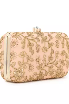 Hue Peach & Gold Faux Silk Floral Embroidered Box Clutch