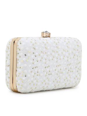 Anekaant Hue White & Gold Faux Silk Sequin Embroidered Box Clutch 2