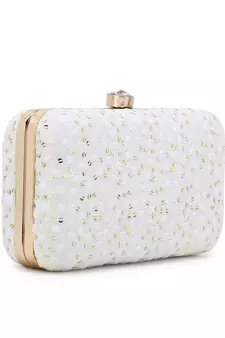 Anekaant Hue White & Gold Faux Silk Sequin Embroidered Box Clutch