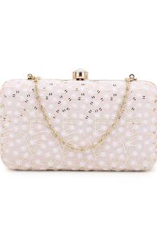  Hue Pastel Pink & Gold Faux Silk Sequin Embroidered Box Clutch