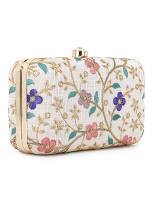 Anekaant Hue Natural & Multi Faux Silk Floral Embroidered Box Clutch 2