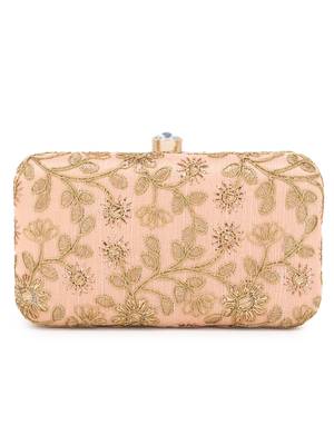 Hue Peach & Gold Faux Silk Floral Embroidered Box Clutch 3