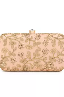 Hue Peach & Gold Faux Silk Floral Embroidered Box Clutch