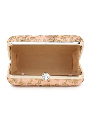 Hue Peach & Gold Faux Silk Floral Embroidered Box Clutch 4