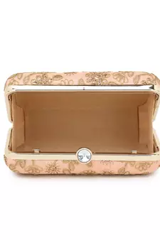 Hue Peach & Gold Faux Silk Floral Embroidered Box Clutch