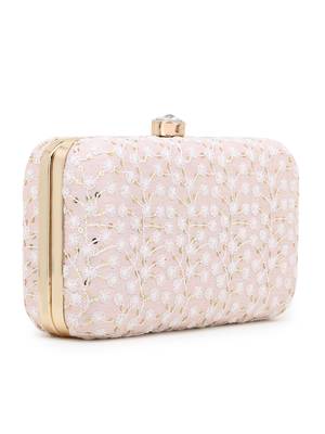 Anekaant Hue Pastel Pink & Gold Faux Silk Sequin Embroidered Box Clutch 2