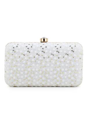 Anekaant Hue White & Gold Faux Silk Sequin Embroidered Box Clutch 3