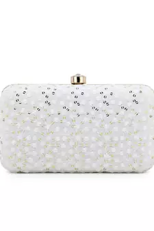 Anekaant Hue White & Gold Faux Silk Sequin Embroidered Box Clutch