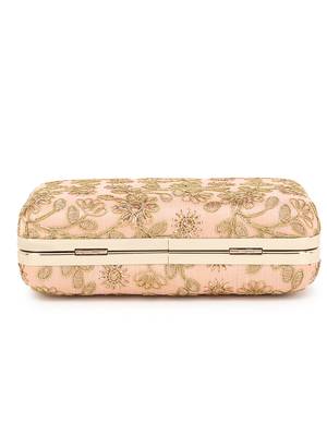 Hue Peach & Gold Faux Silk Floral Embroidered Box Clutch 5