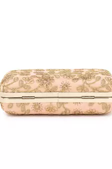Hue Peach & Gold Faux Silk Floral Embroidered Box Clutch
