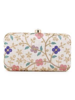 Anekaant Hue Natural & Multi Faux Silk Floral Embroidered Box Clutch 3