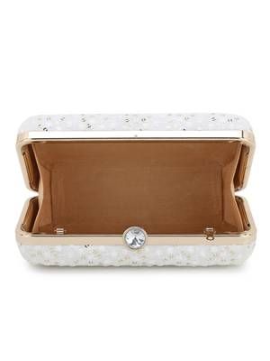 Anekaant Hue White & Gold Faux Silk Sequin Embroidered Box Clutch 4