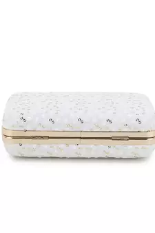 Anekaant Hue White & Gold Faux Silk Sequin Embroidered Box Clutch