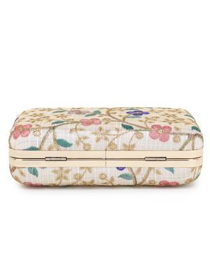 Anekaant Hue Natural & Multi Faux Silk Floral Embroidered Box Clutch 5