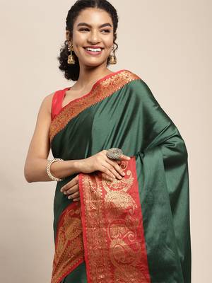 Green Woven Silk Blend Saree With Blouse 1