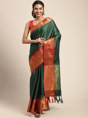 Green Woven Silk Blend Saree With Blouse 2