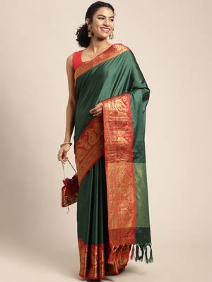 Green Woven Silk Blend Saree With Blouse 3
