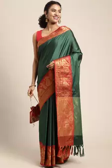 Green Woven Silk Blend Saree With Blouse