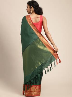 Green Woven Silk Blend Saree With Blouse 5