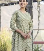 Green printed cotton long-kurtis