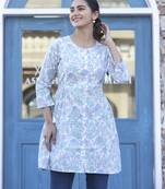White printed cotton long-kurtis
