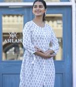 White printed cotton long-kurtis