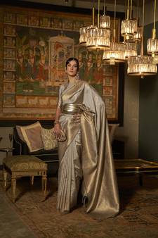 Light Grey Woven Silk Blend Saree With Blouse