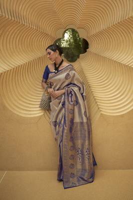 Navy Blue Woven Nylon Saree With Blouse 1