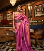 Hot pink woven nylon saree with blouse