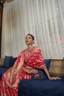 Red Woven Organza Saree With Blouse 2