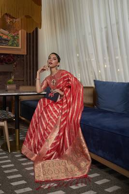 Red Woven Organza Saree With Blouse 3
