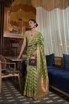 Dark Green Woven Organza Saree With Blouse