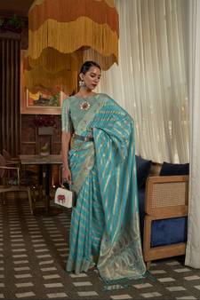 Blue Woven Organza Saree With Blouse