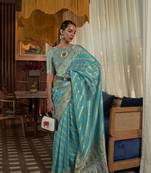 Blue Woven Organza Saree With Blouse