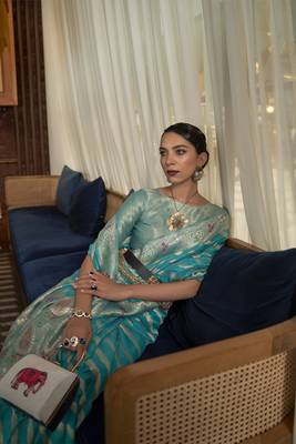Blue Woven Organza Saree With Blouse 2
