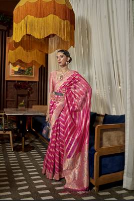 Pink woven organza saree with blouse 1