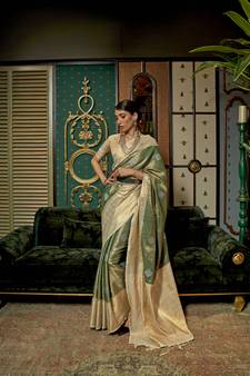 Beige Woven Silk Blend Saree With Blouse