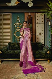 Pink Woven Silk Blend Saree With Blouse
