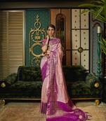 Pink Woven Silk Blend Saree With Blouse
