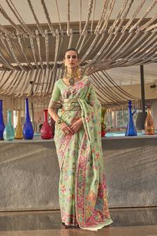 Light Green Woven Silk Blend Saree With Blouse