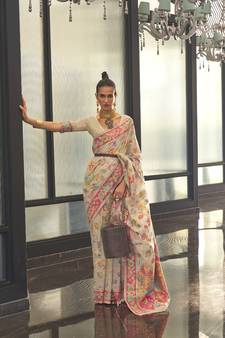 Beige Woven Silk Blend Saree With Blouse