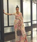 Beige Woven Silk Blend Saree With Blouse