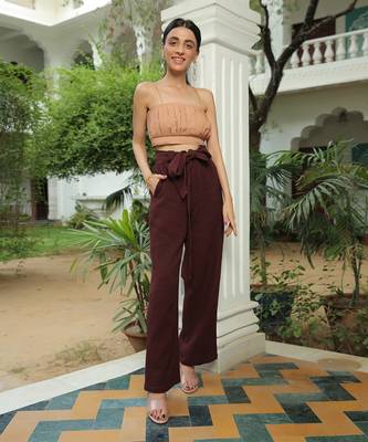 Gracy Apricot Ice Pleated Top With Coffee Brown Waffle Cotton Pant Set 1