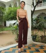 Gracy Apricot Ice Pleated Top With Coffee Brown Waffle Cotton Pant Set