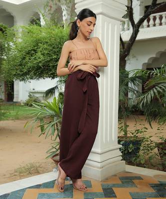Gracy Apricot Ice Pleated Top With Coffee Brown Waffle Cotton Pant Set 2